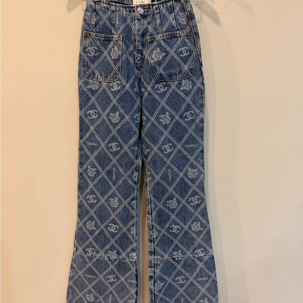 CHANEL Blue Flare Jeans with Logo Pattern